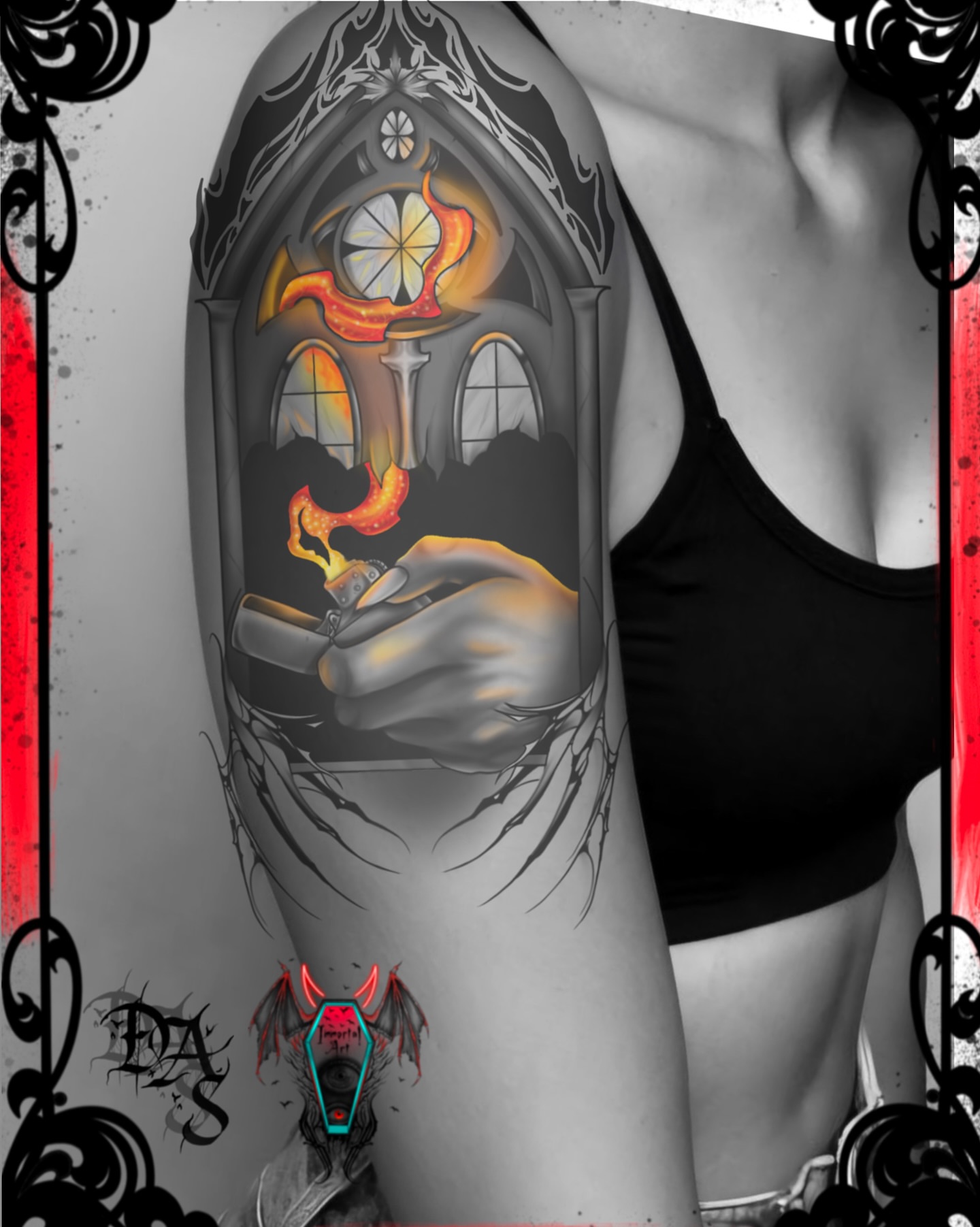Gothic window dark realism tattoo on the forearm by Denis Seregin