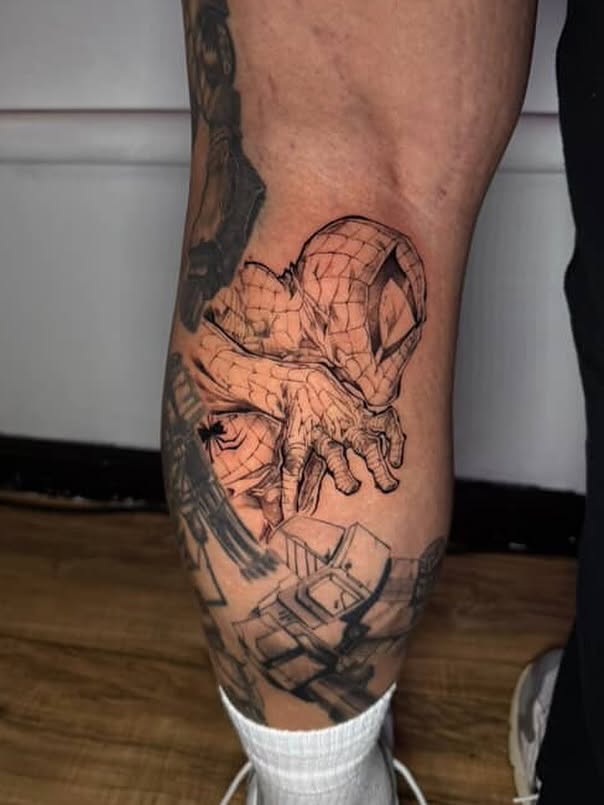 Spider-man black and grey tattoo on the calf by aamora ꩜