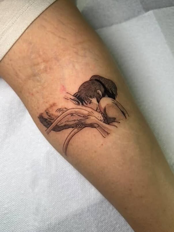 Woman and bird black and grey tattoo on the forearm by aamora ꩜
