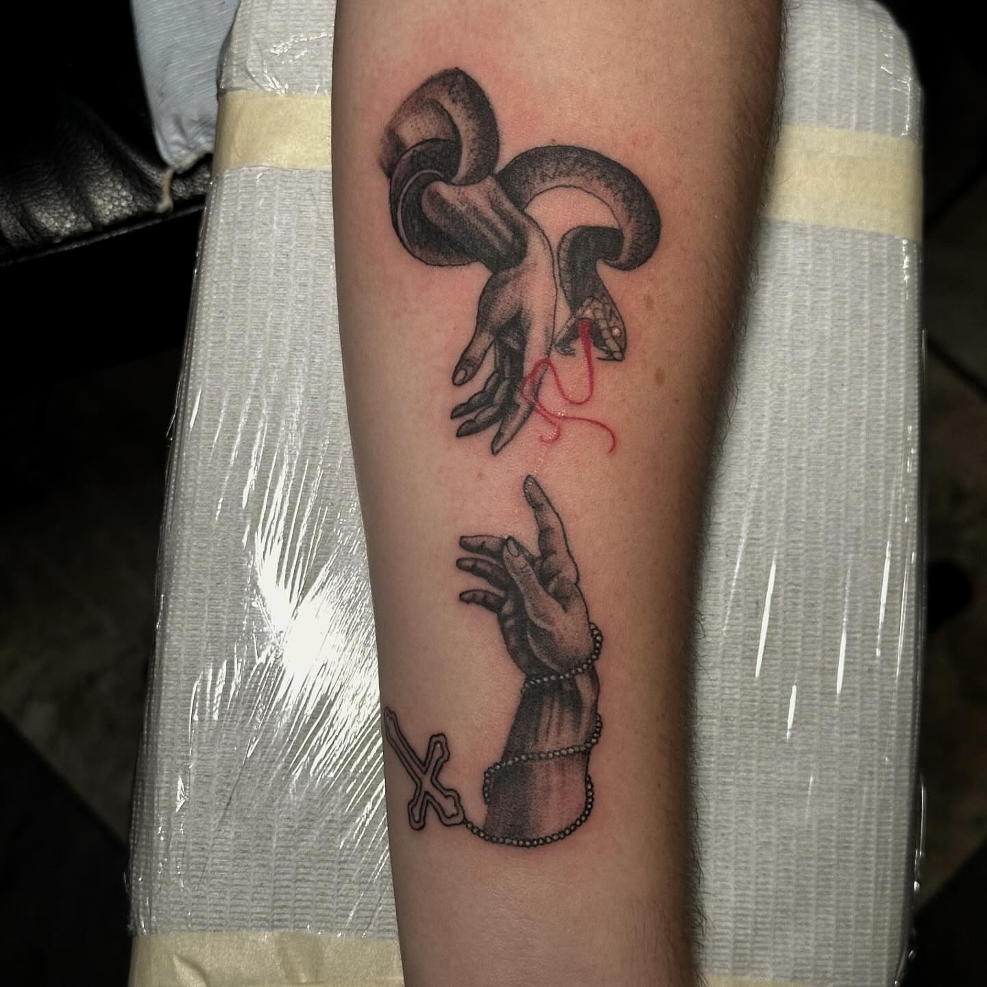Hands and mushrooms black and grey tattoo on the forearm by Elizabeth Tabler