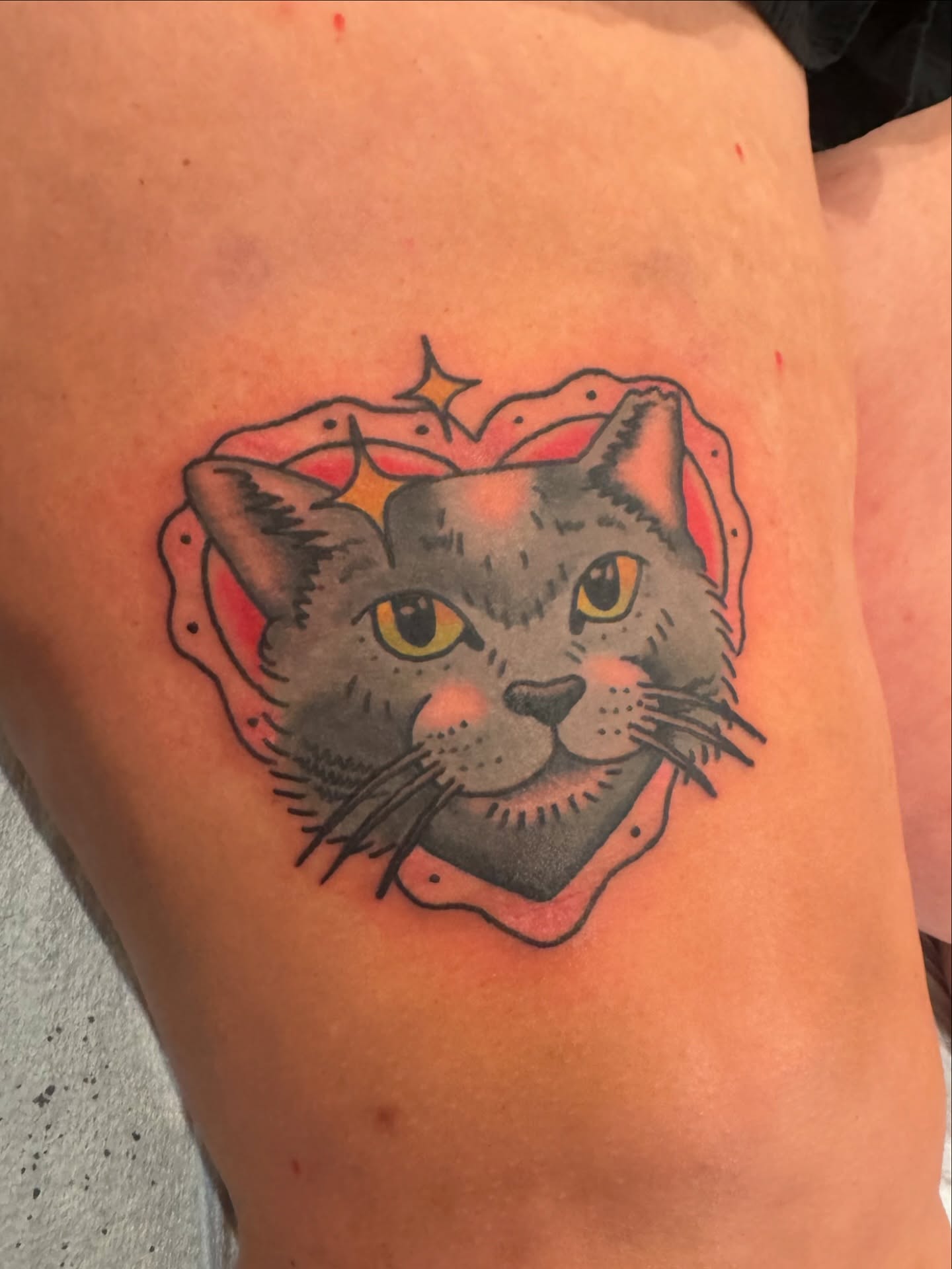 Cat American traditional tattoo on the thigh by Minneapolis