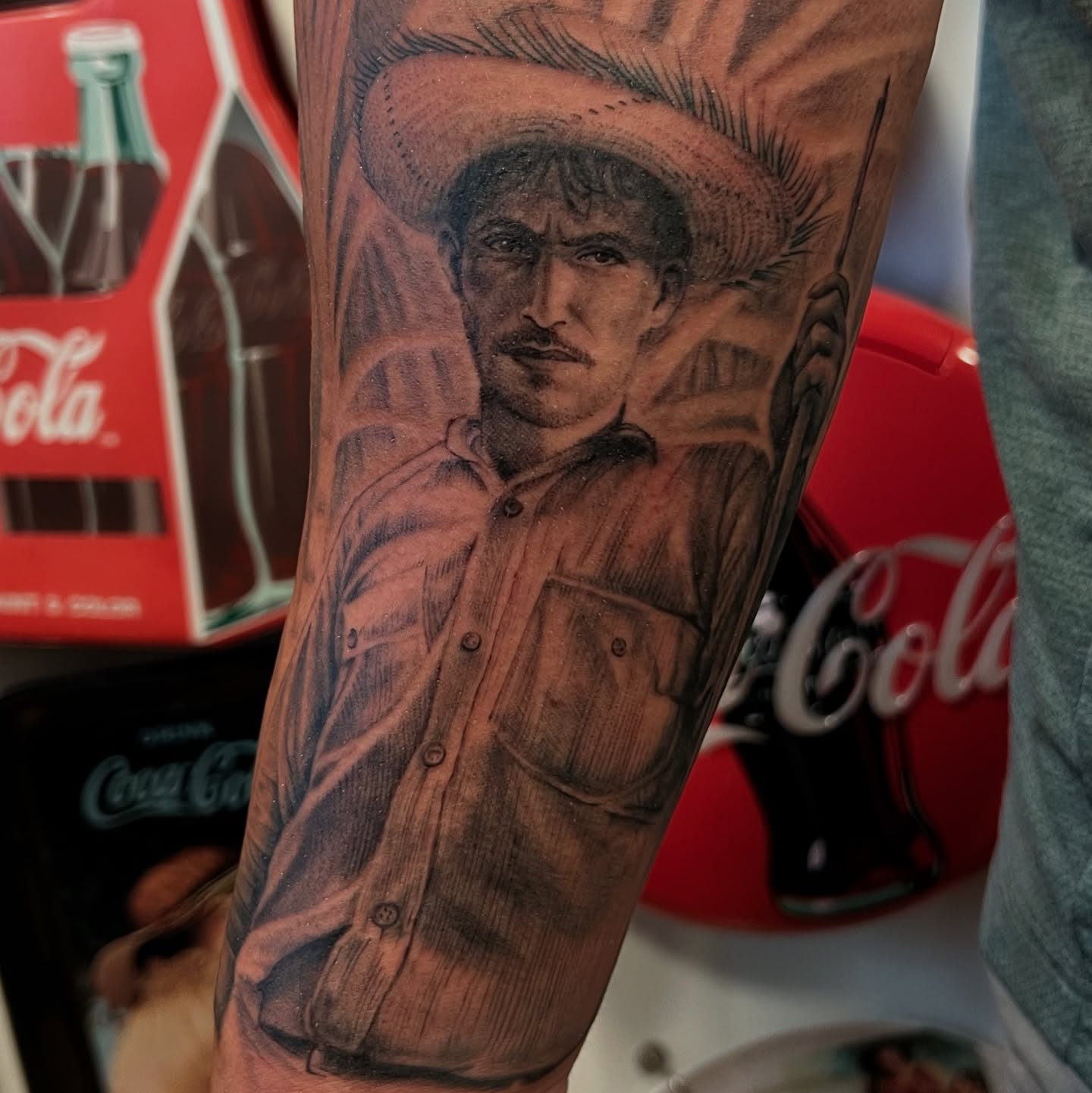 Man wearing sombrero realism tattoo on the forearm by ✨ Jaden Belle Tattoos ✨