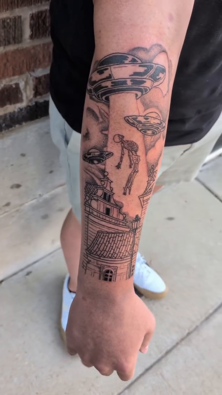 UFO abduction scene sketch tattoo on the forearm by Damon 🥀