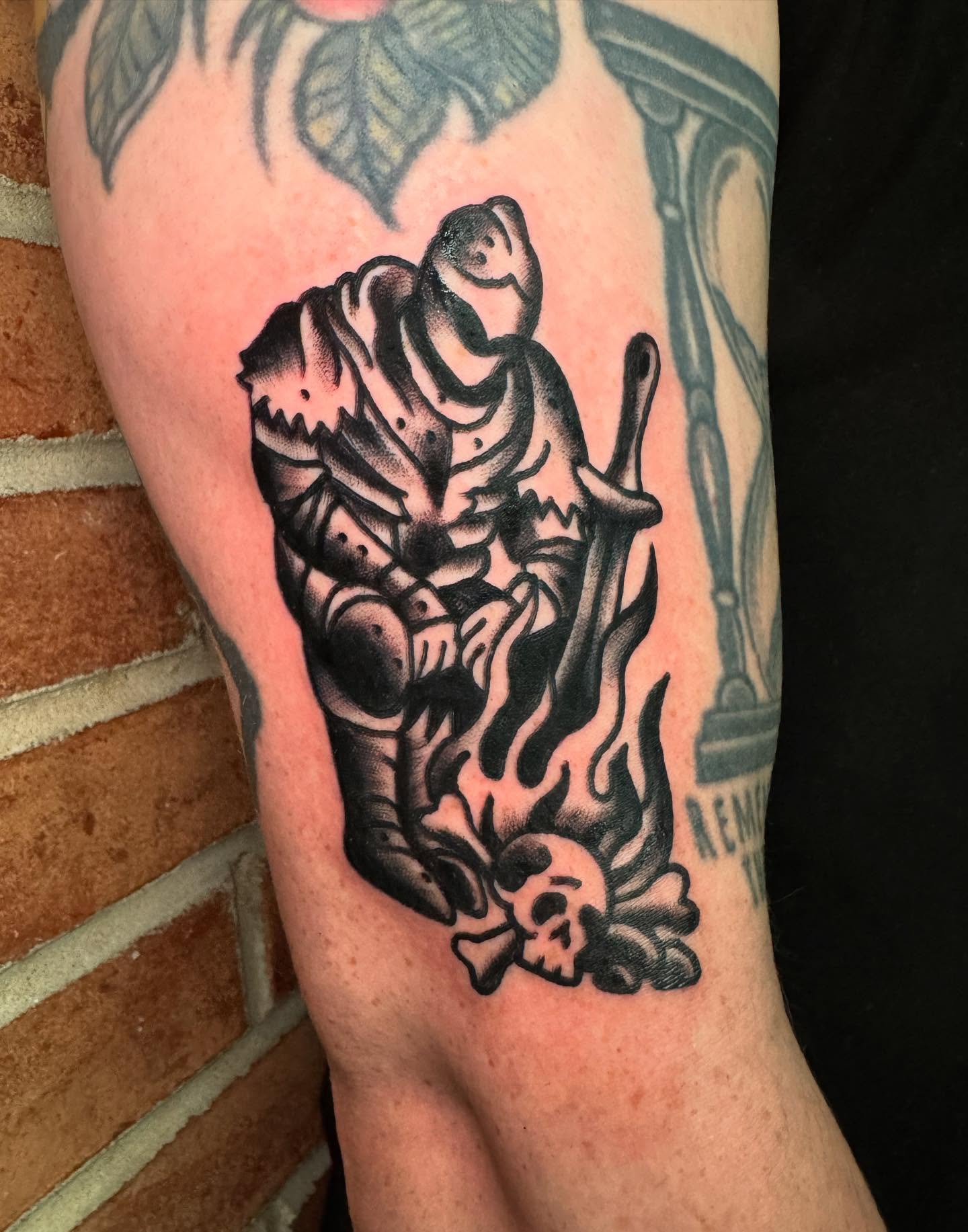 Warrior with sword American traditional tattoo on the forearm by Perrey
