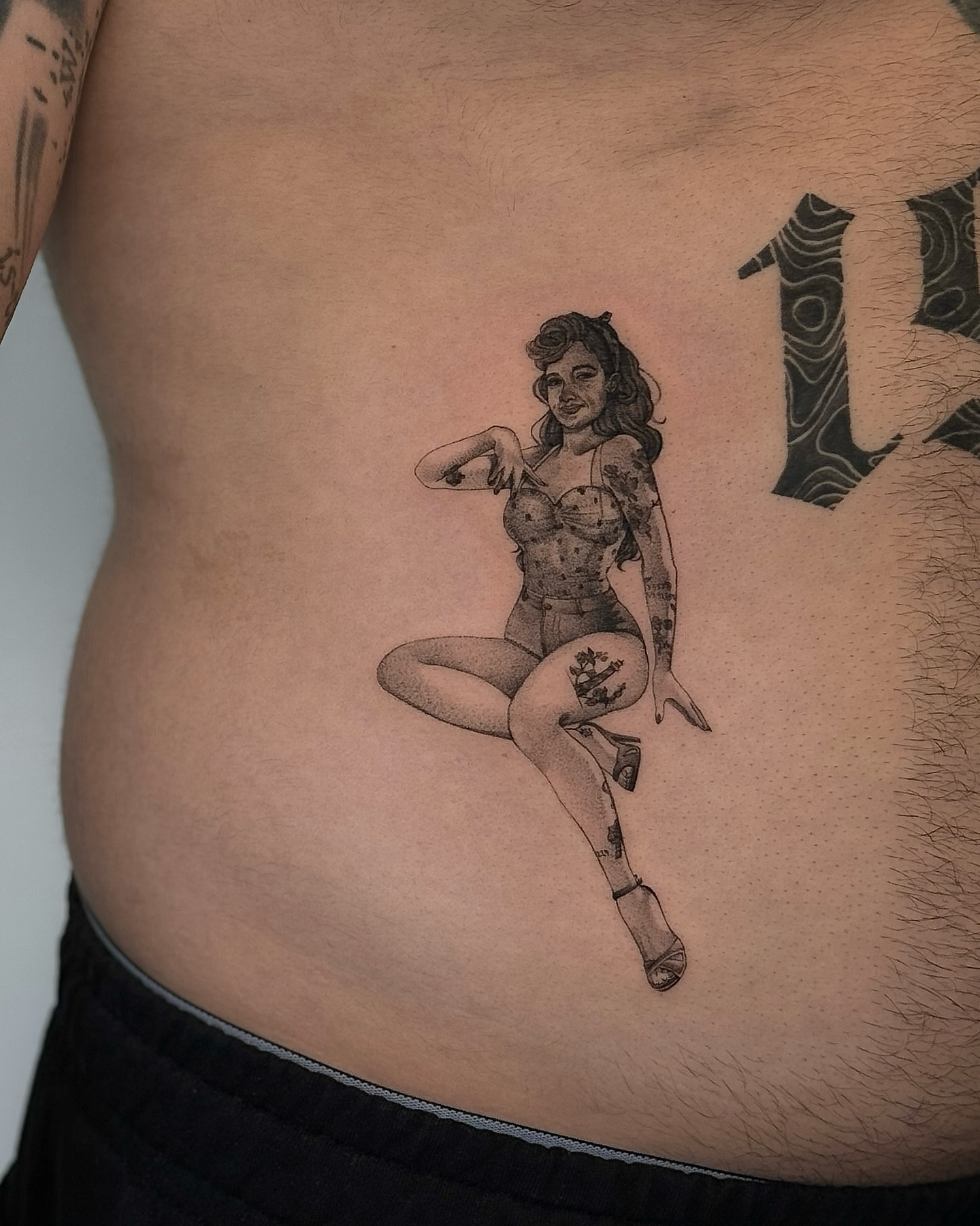 Pin-up girl dotwork tattoo by ♡ 𝕍𝕚𝕔𝕥𝕠𝕣𝕚𝕒 ℍ𝕠𝕝𝕞𝕖𝕤 ♡, Avon, Ohio