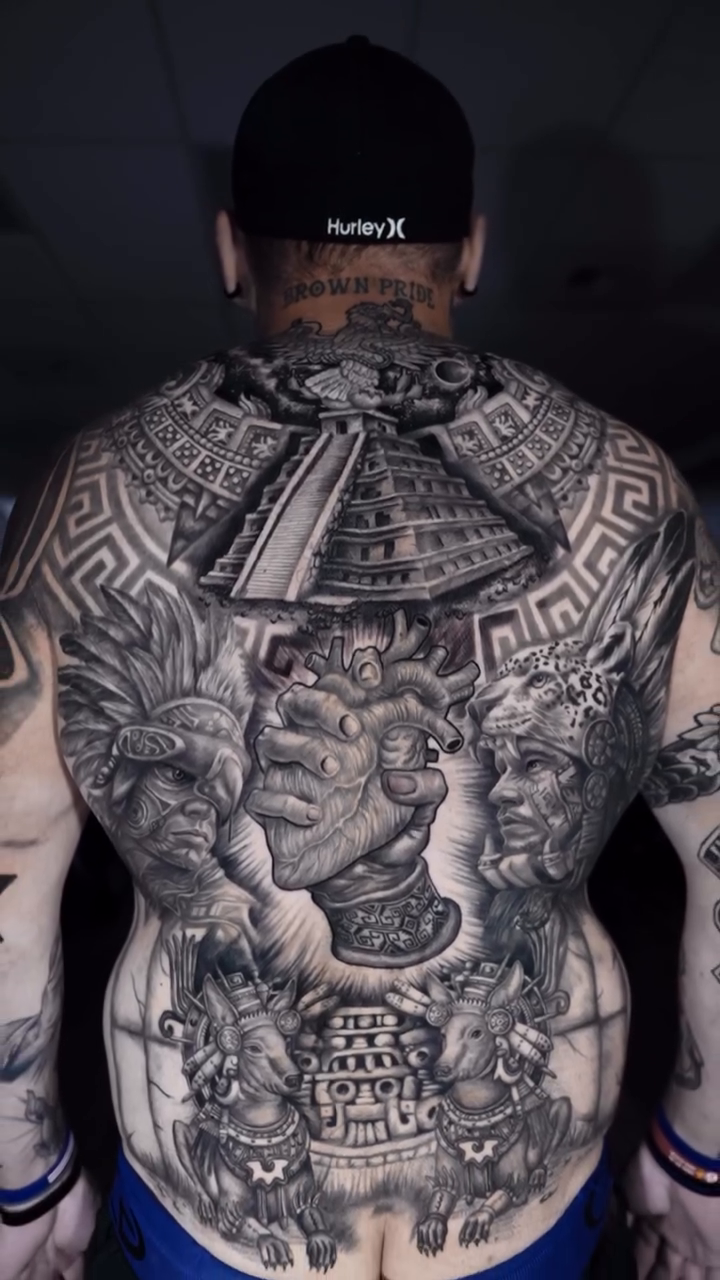 Mayan-inspired full back tattoo Chicano tattoo on the back by Niko Hosk Cataldo