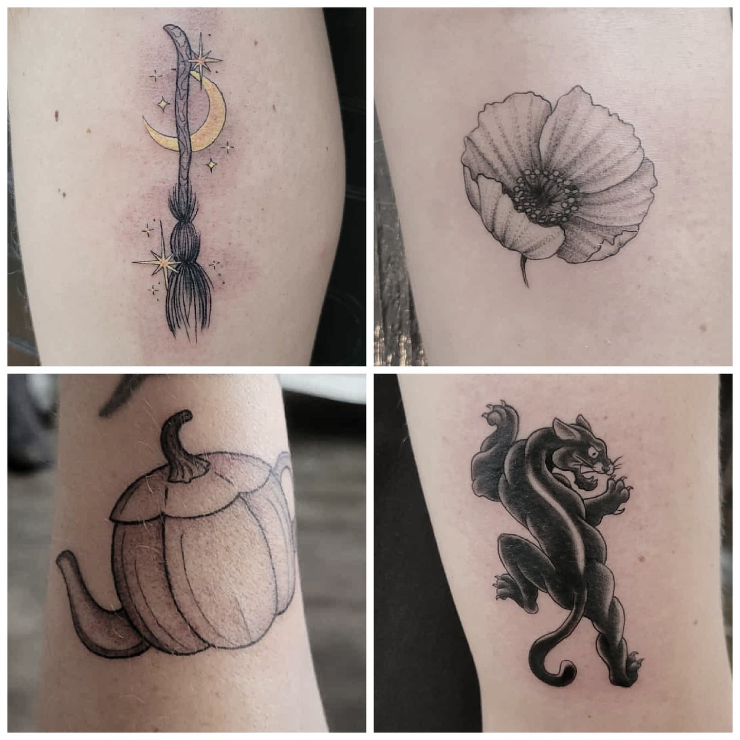 Broomstick and moon black and grey tattoo on the forearm by Arick Reese