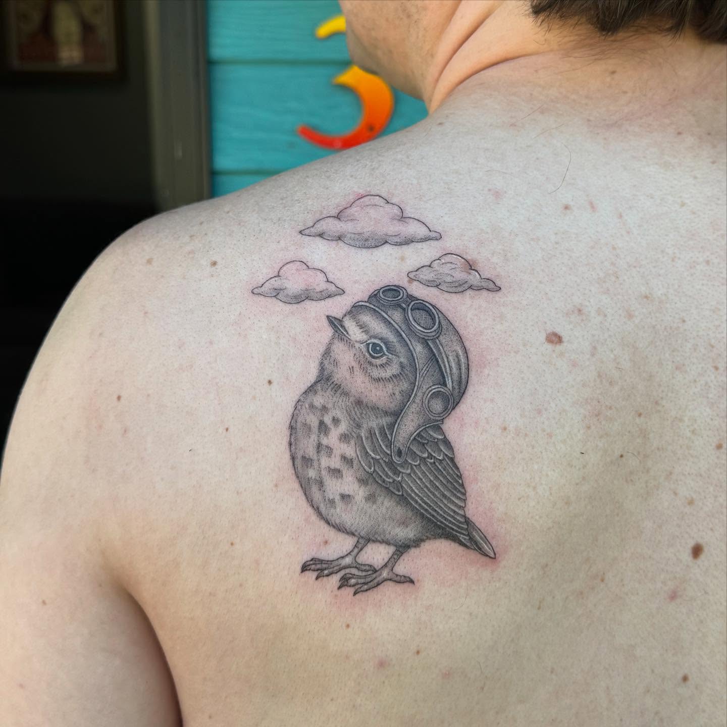 Bird wearing aviator helmet black and grey tattoo on the shoulder by Leslea Hipp