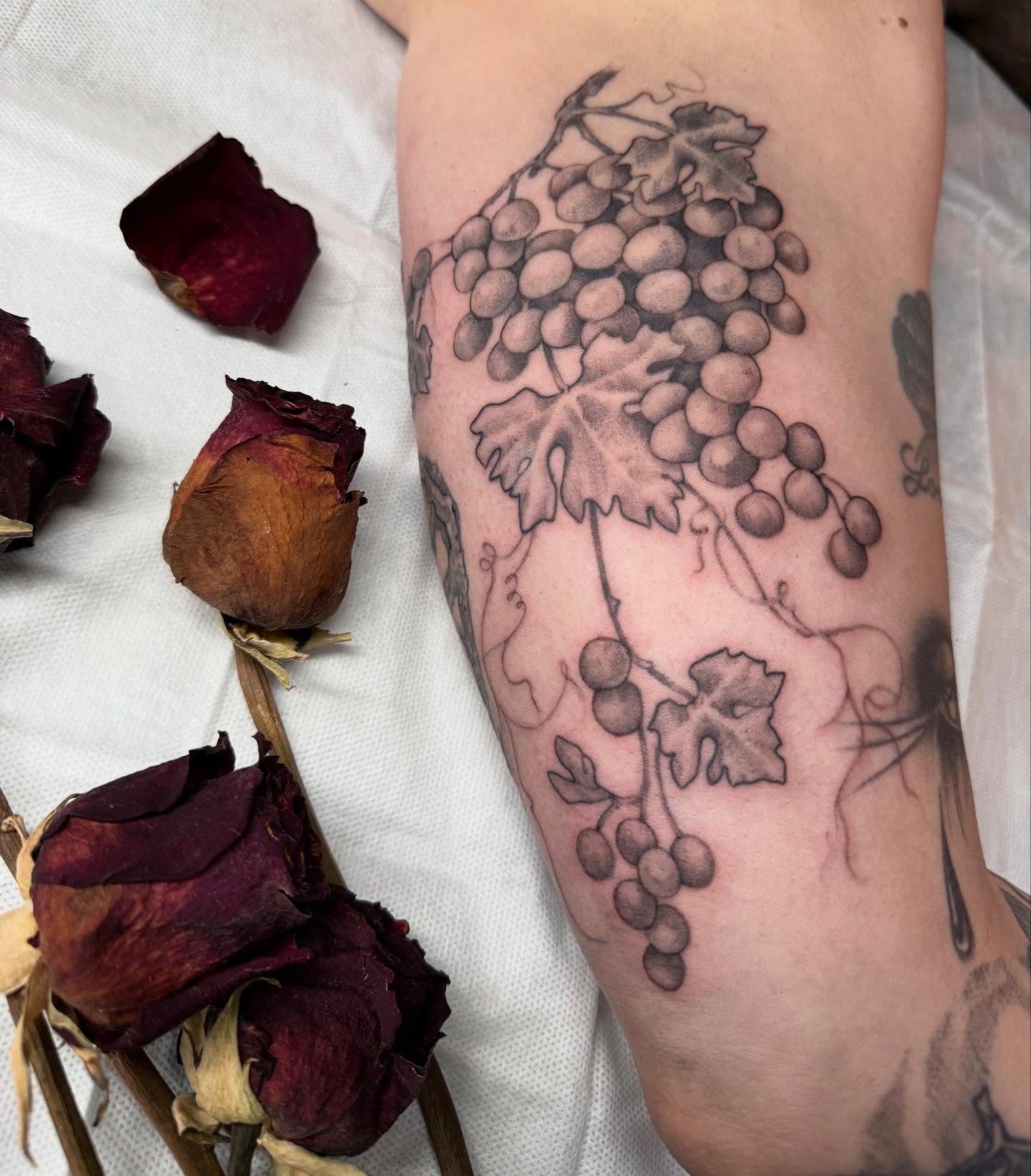 Grapes and leaves realism tattoo on the forearm by Jamie Draven 🐺
