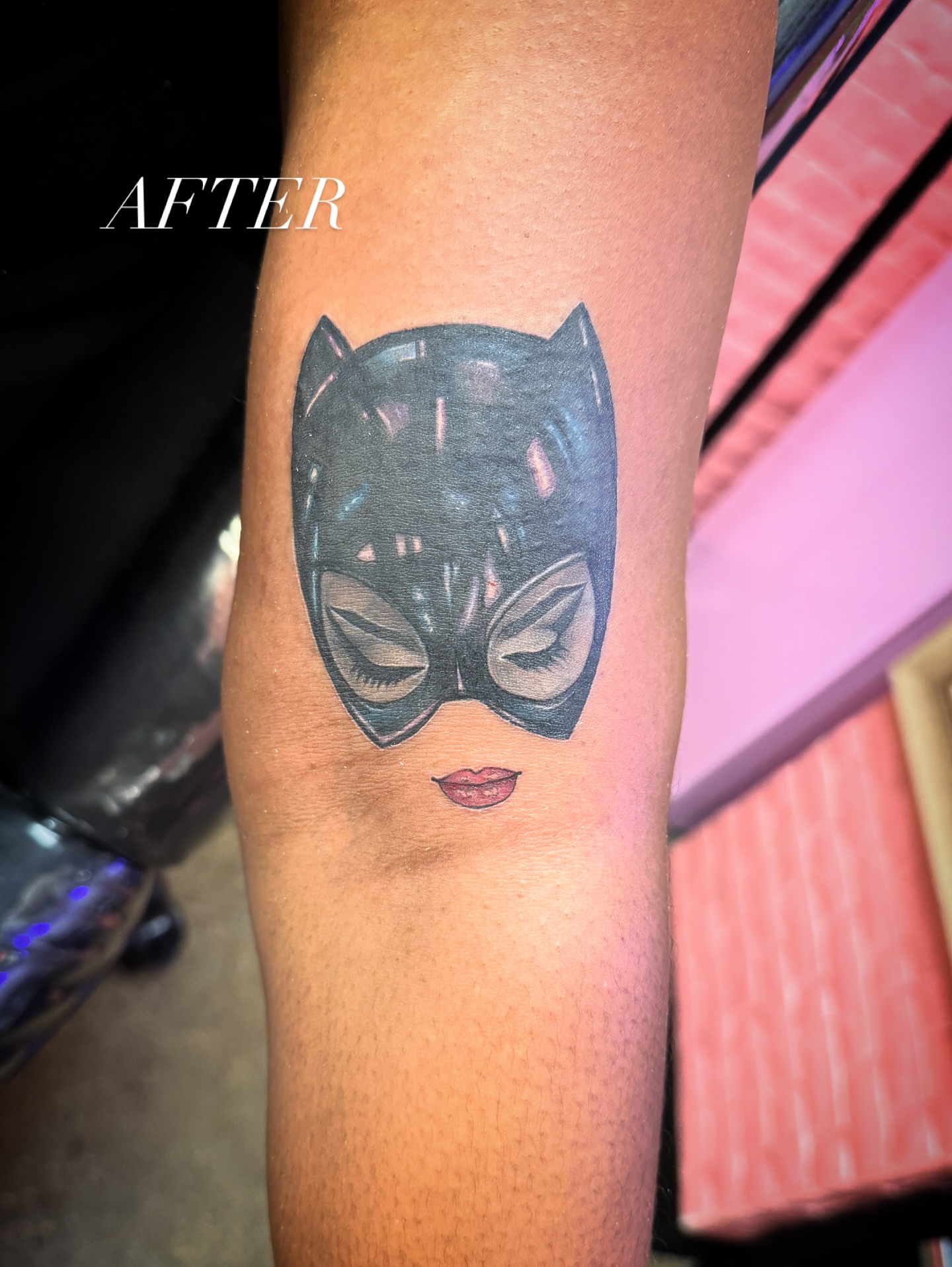 Catwoman mask black and grey tattoo on the forearm by Kbryanttattoos, Ohio City, Ohio