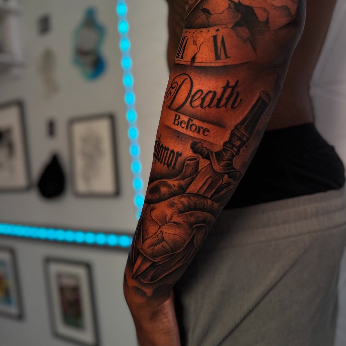 Death before dishonor American traditional tattoo on the forearm by Isiah Hall, Whittier, California