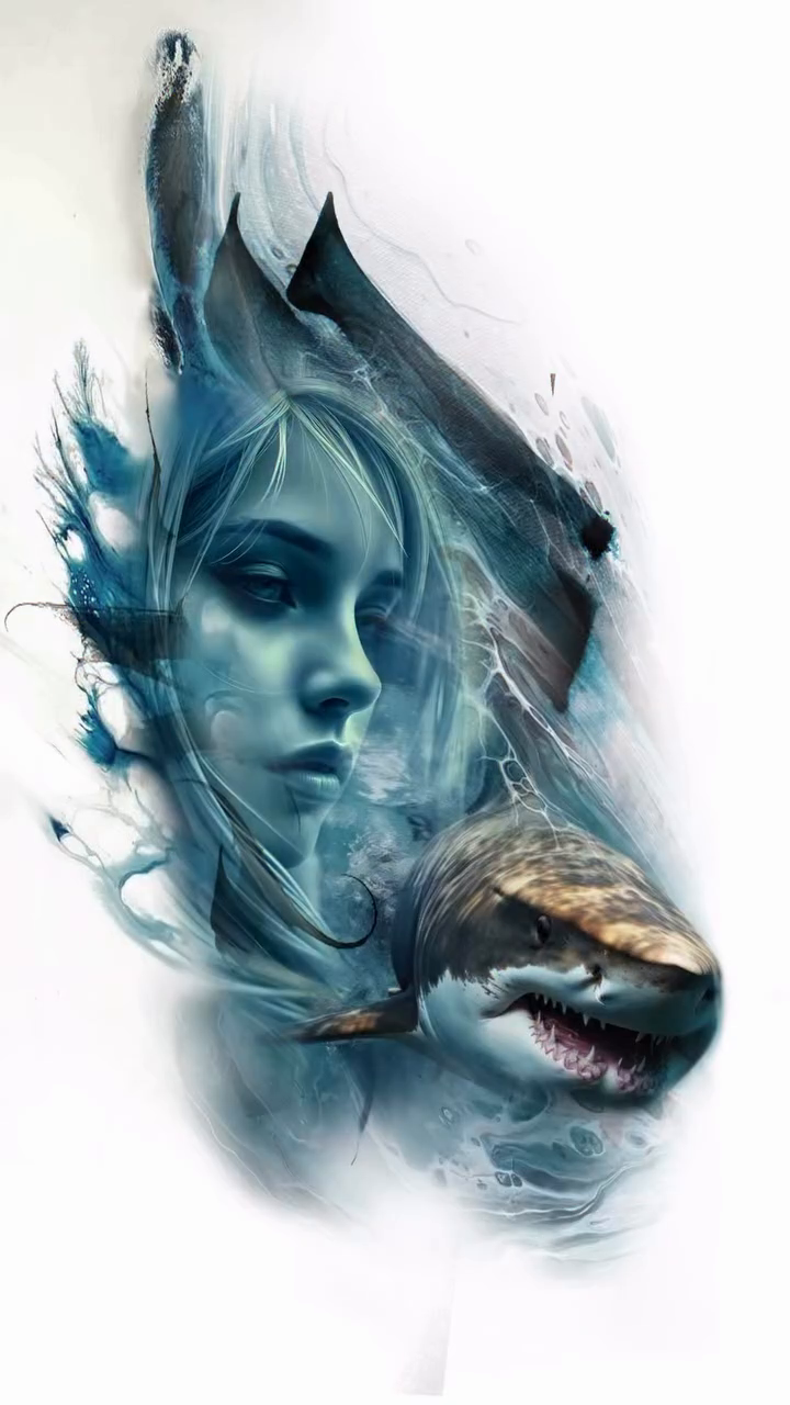 Woman and shark realism tattoo by Brian Ulibarri