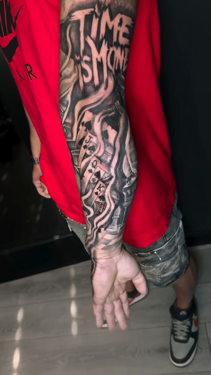 Full sleeve with various motifs realism tattoo by Paul burrows (Tatttoo Artist)