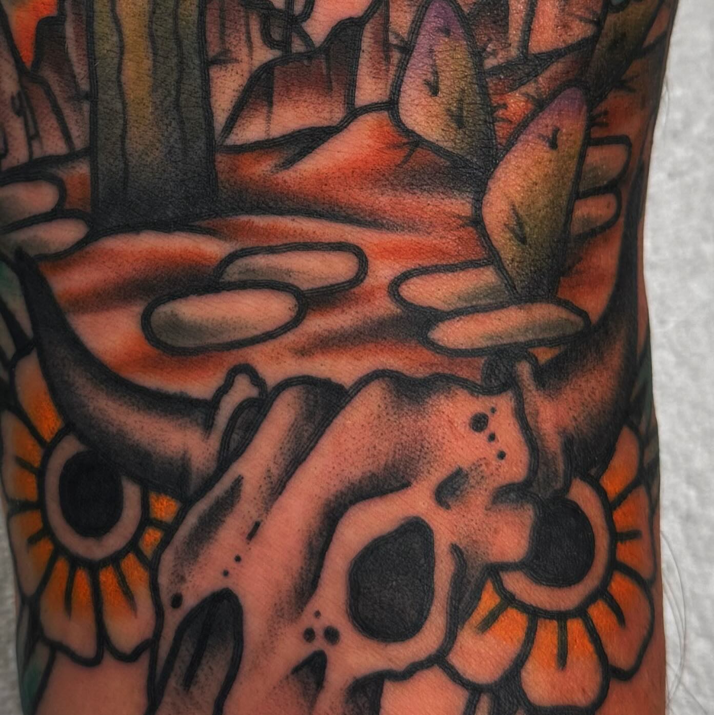 Abstract landscape dotwork tattoo on the forearm by Mikey Sarratt