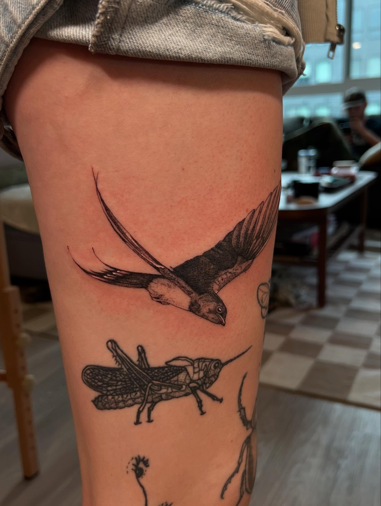 Swallow and grasshopper realism tattoo on the thigh by sarah bug
