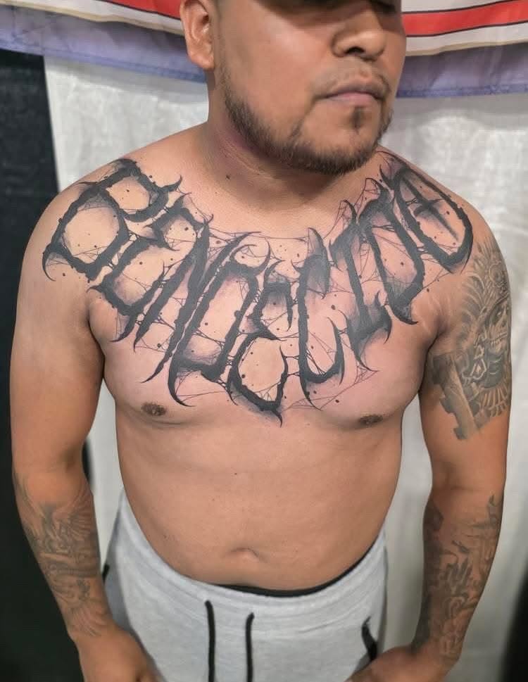 Lettering lettering script tattoo on the chest by Claudia Isabel Roman, El Paso, Texas