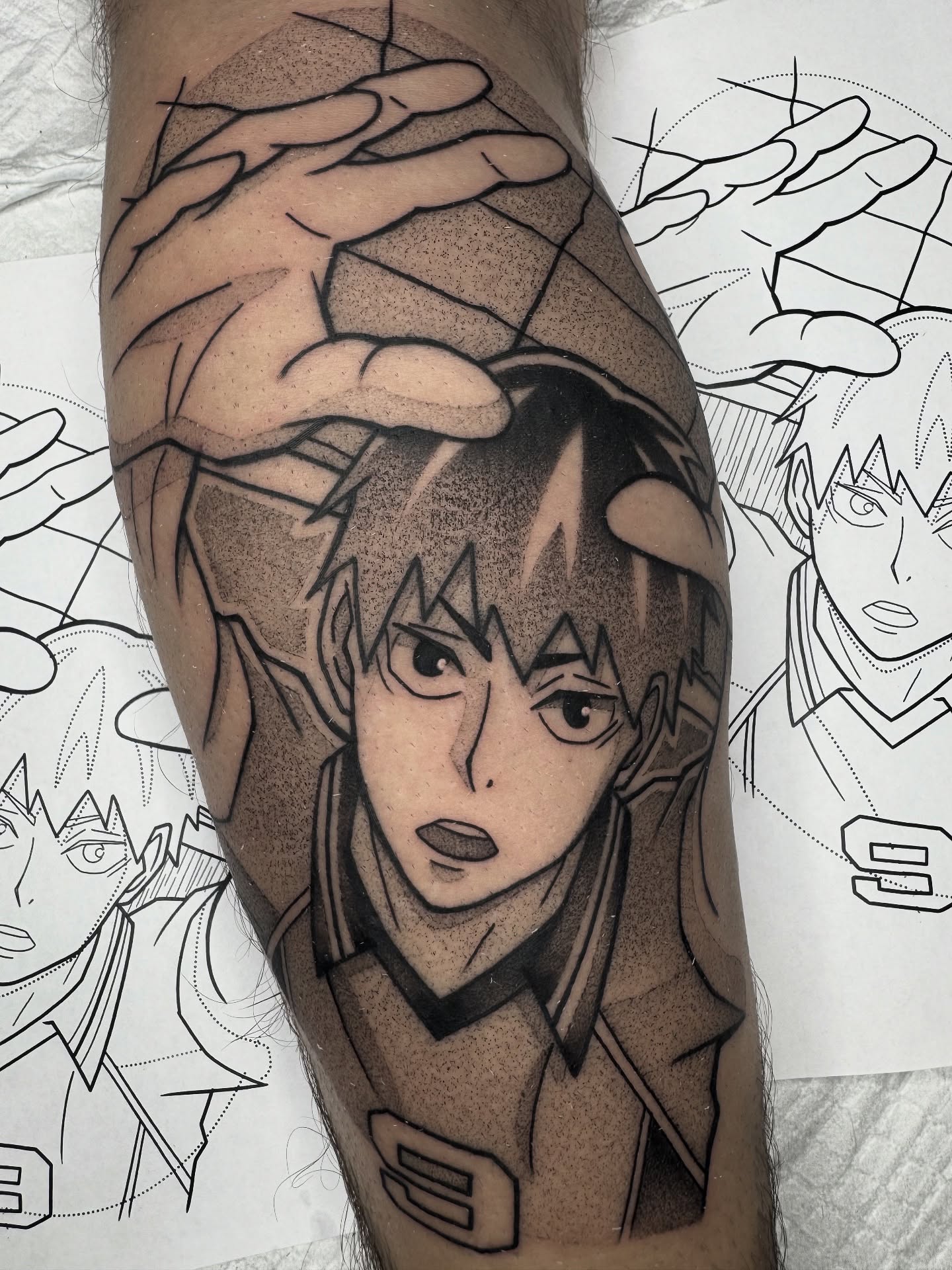 Anime character dotwork tattoo on the forearm by Donnie Moore