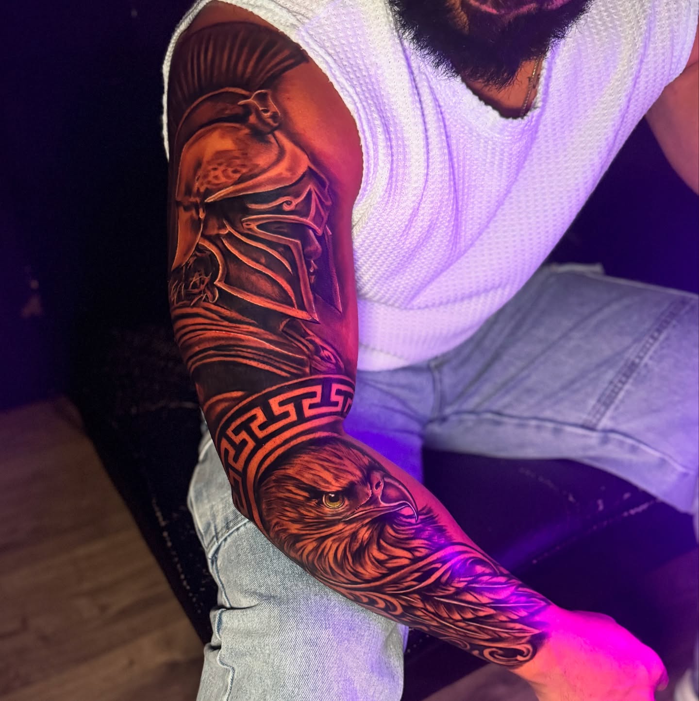 Eagle and warrior helmet realism tattoo on the forearm by Nj Tattoo Artist Inkdyou, Bloomfield, New Jersey