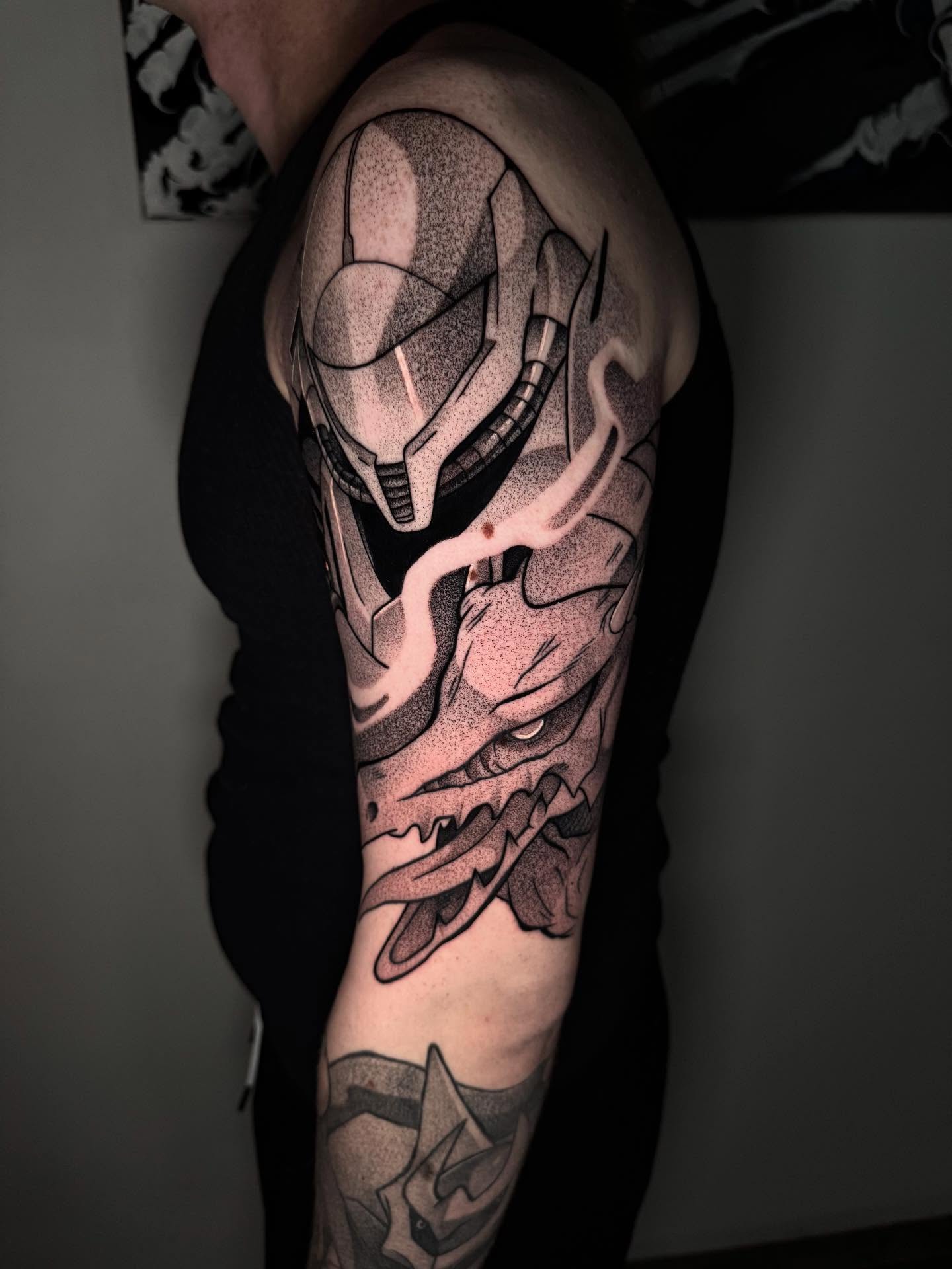 Mecha helmet dotwork tattoo on the forearm by Anthony D. Rustik