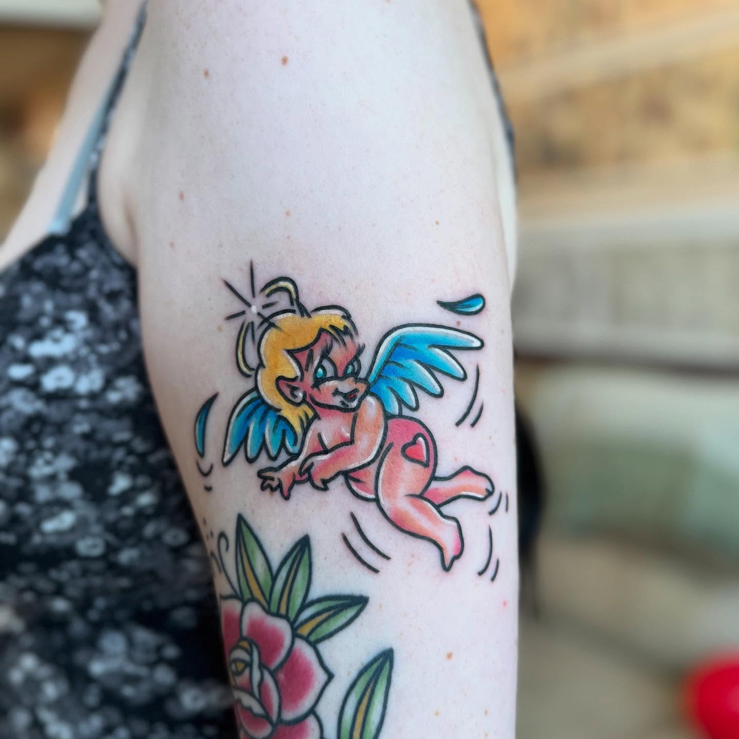 Angelic cherub American traditional tattoo on the forearm by katie lou, Norwich, Connecticut