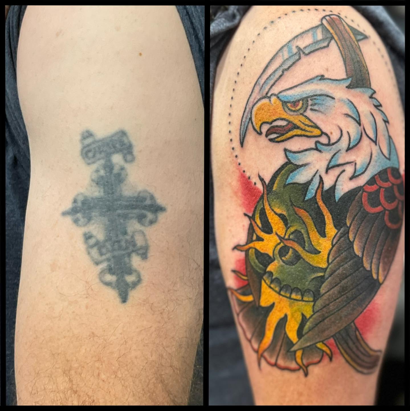 Eagle and skull American traditional tattoo on the forearm by Tattoos by Aeron Herald Maurbjorn, Sioux