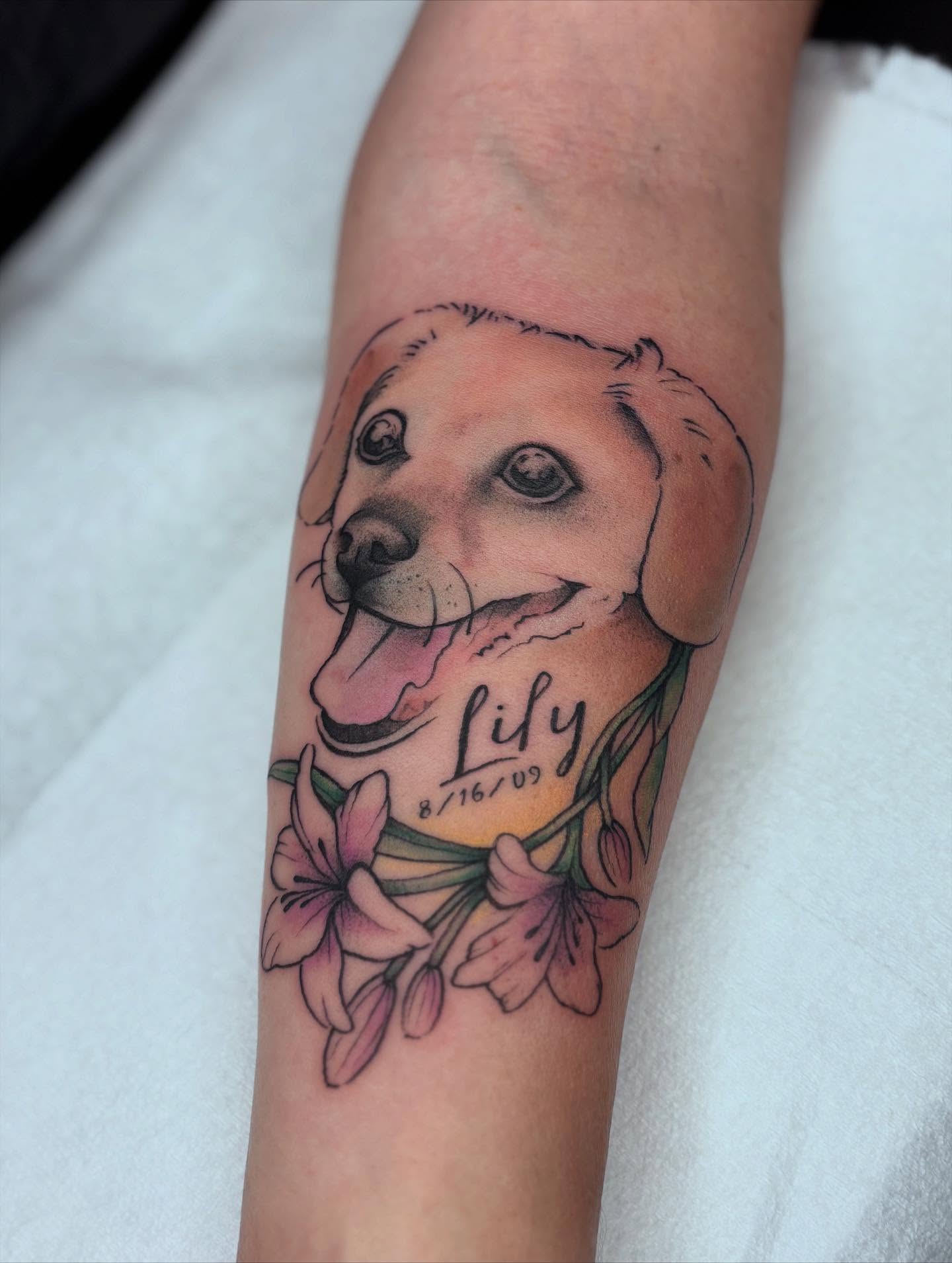 Dog portrait realism tattoo on the forearm by π»πΈπ½π½, Ypsilanti, Michigan