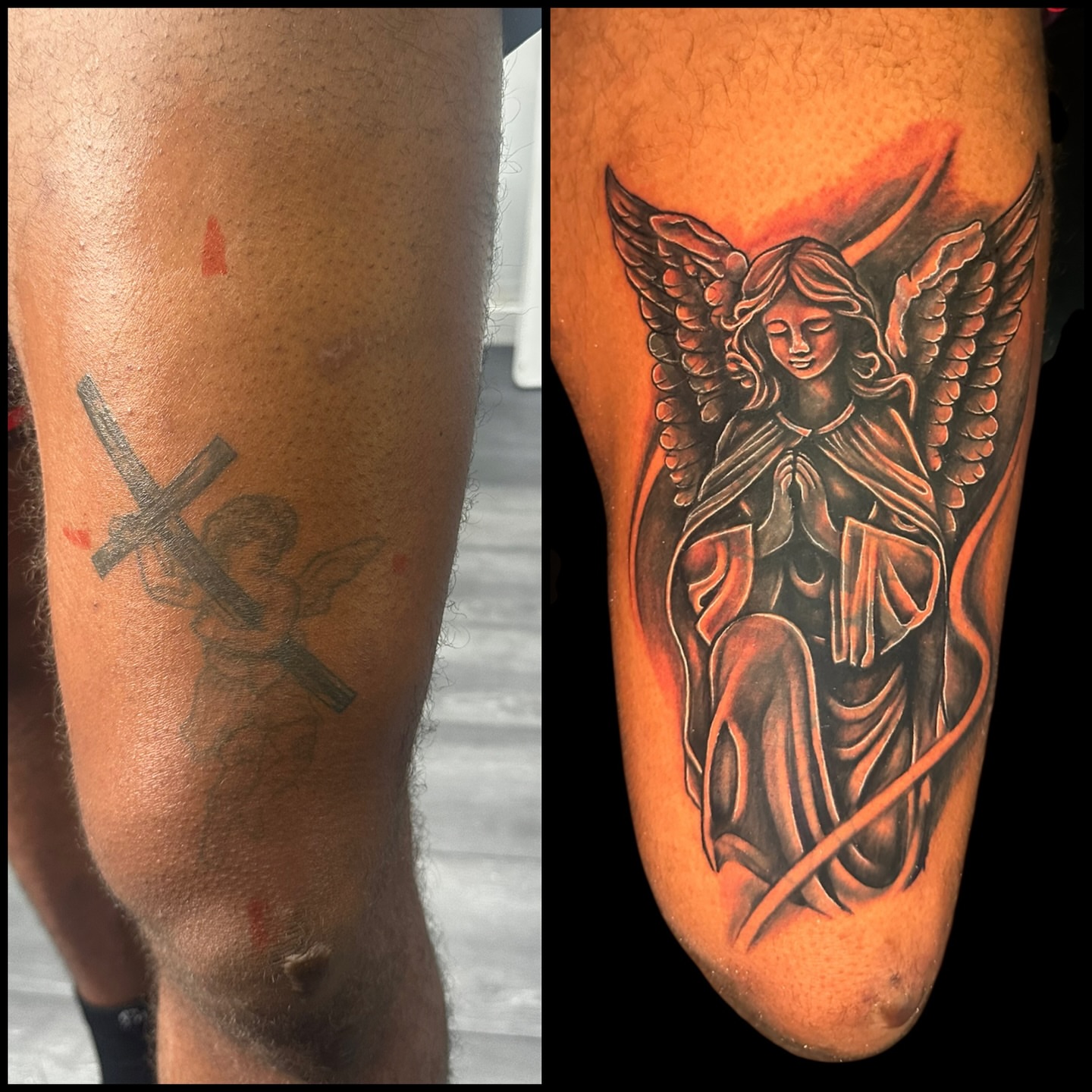 Angel with cross black and grey tattoo on the forearm by Joe 💭👁