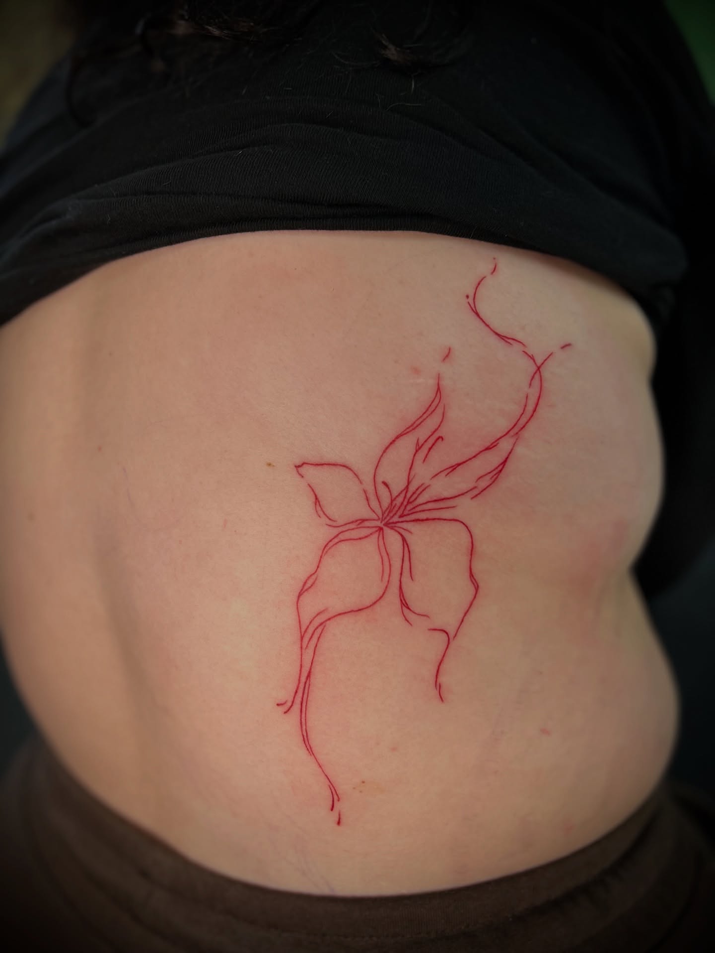 Flower fine line tattoo on the torso by Kiersten Tickle