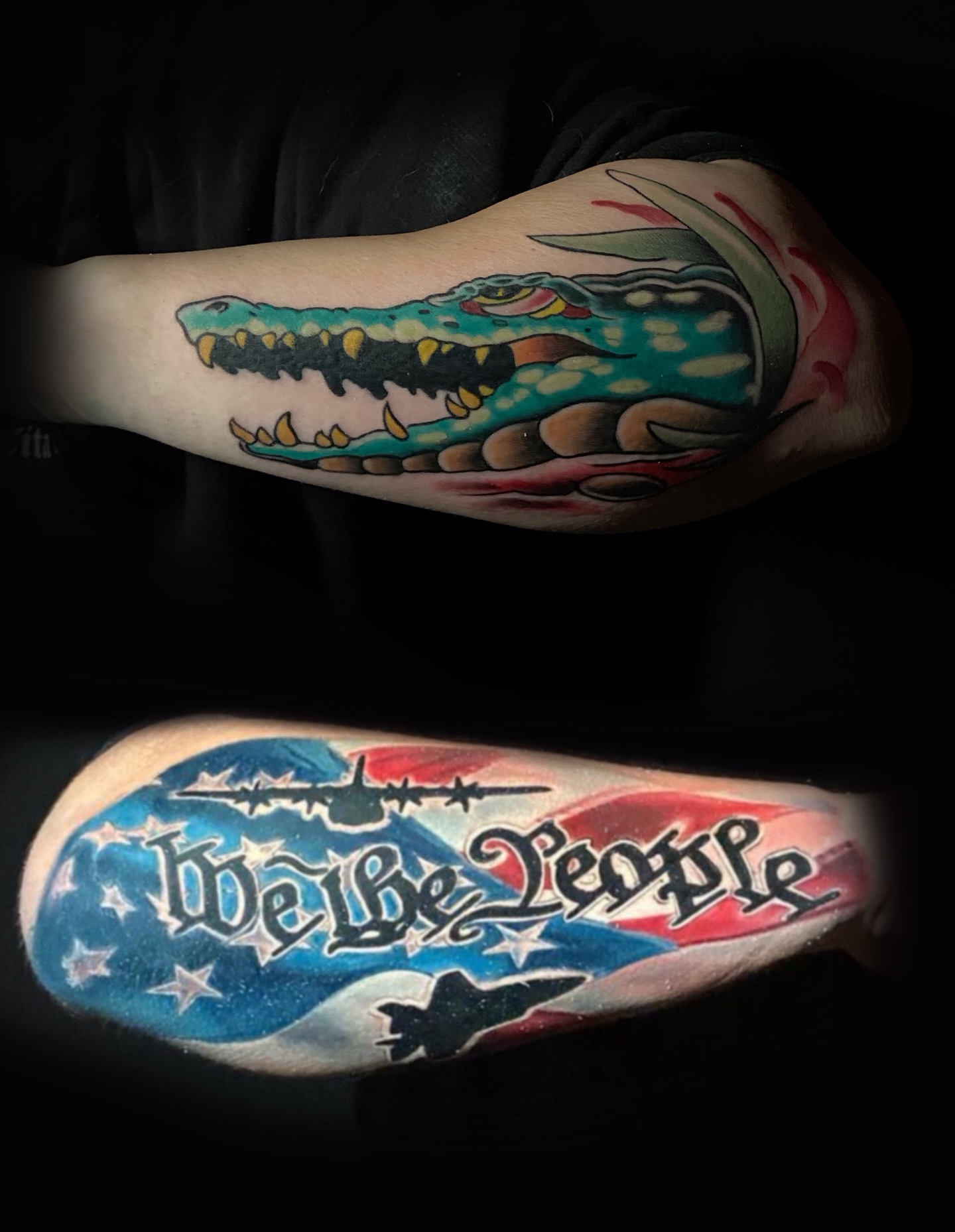 Crocodile and 'We the People' American traditional tattoo on the forearm by Brandon Bowie