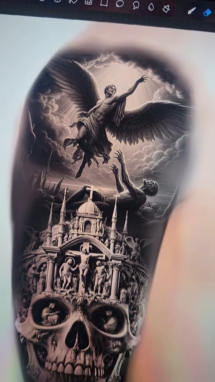Skull with architectural and angelic elements realism tattoo by Xavier NYC TATTOO ARTIST