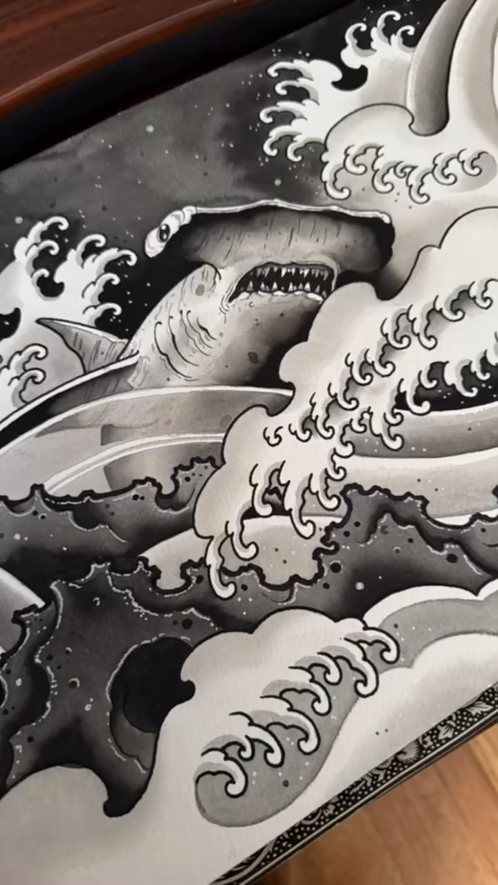 Shark and waves japanese irezumi tattoo by Jeremy Utley