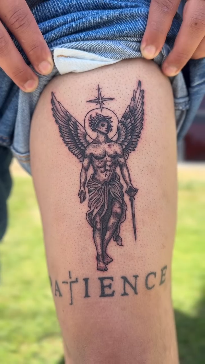 Angel with sword and cross realism tattoo by star🪭