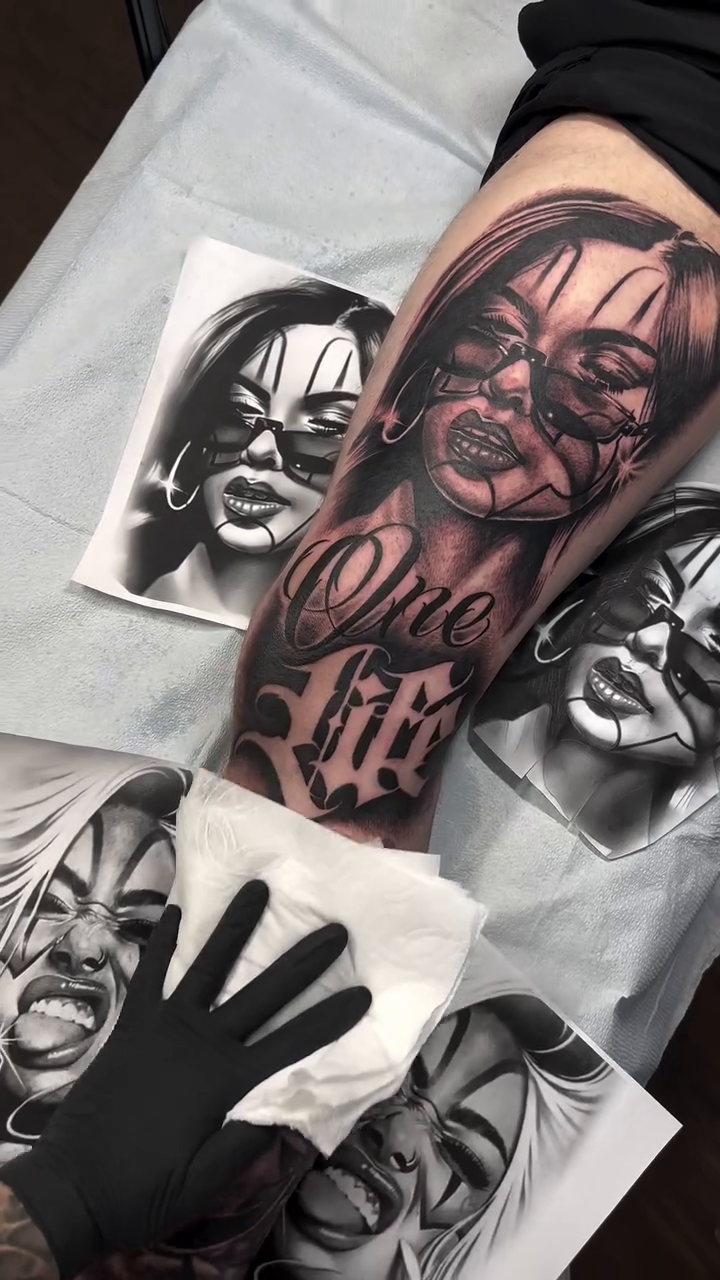 Chicano portraits and lettering Chicano tattoo by Ray Ochoa