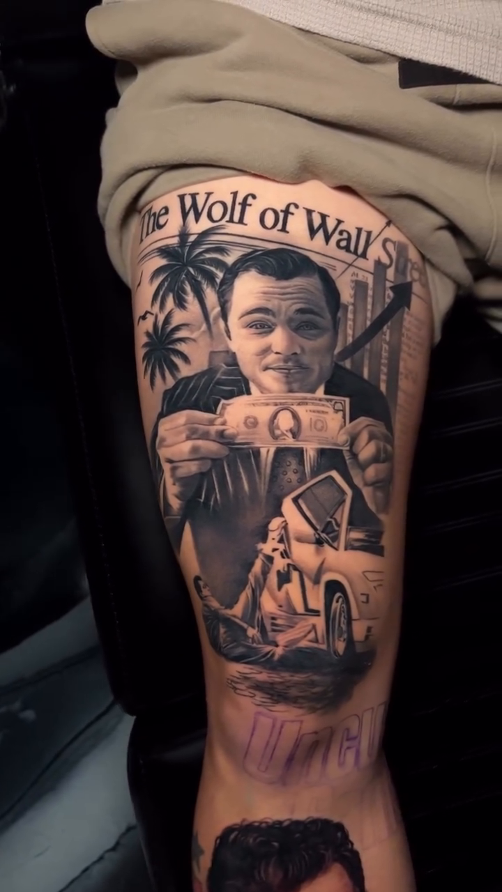 Leonardo dicaprio as jordan belfort and car realism tattoo by P.Lok