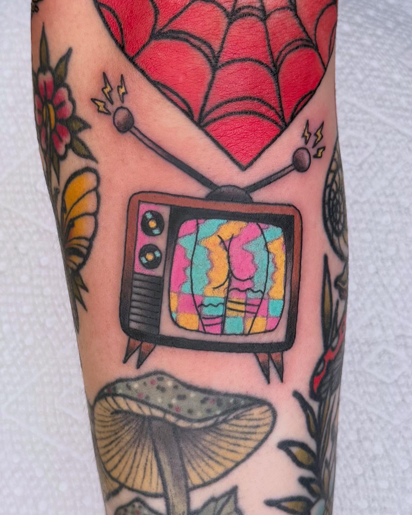 Television American traditional tattoo on the forearm by Curtis Stairs, Seattle, Washington