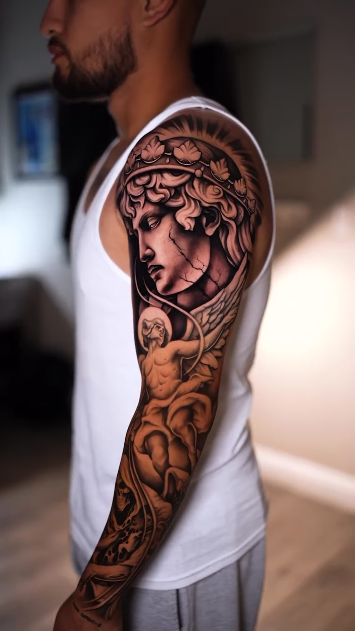 Classical bust and cherubs realism tattoo by Esto