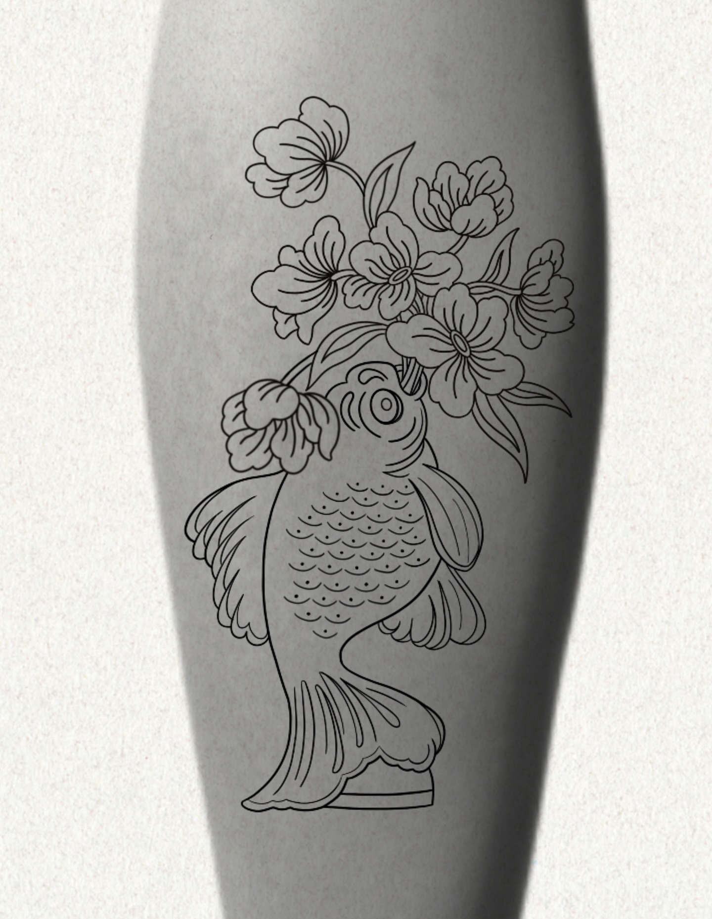 Koi fish and flowers black and grey tattoo on the forearm by Rachel