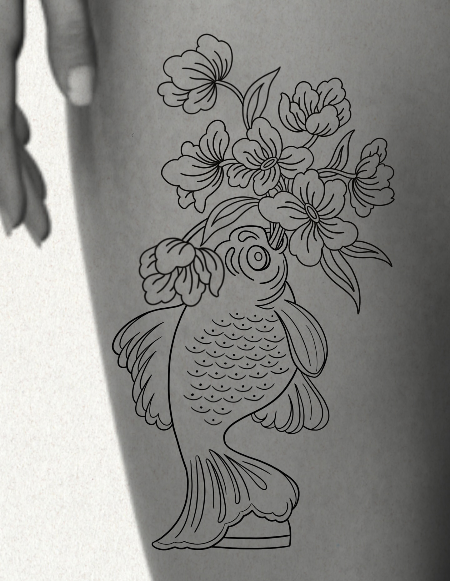 Koi fish with flowers black and grey tattoo on the forearm by Rachel