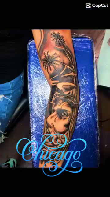 Chicano tattoo on the thigh by Trent Johnson