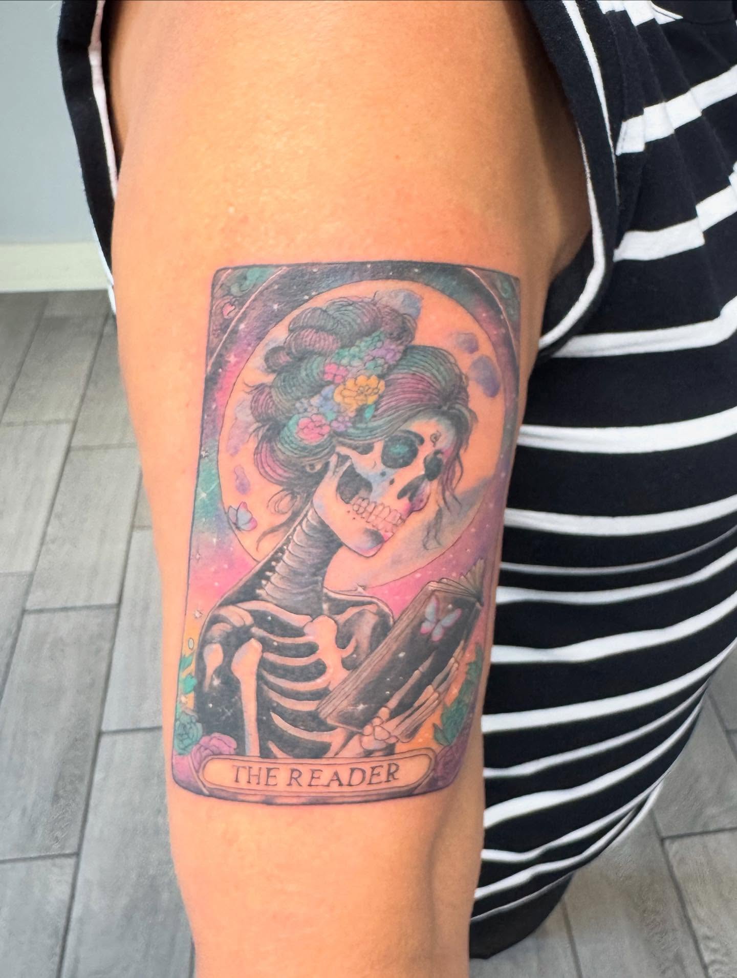 The reader tarot card dotwork tattoo on the forearm by Joey Flaherty