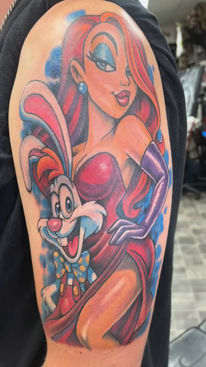 Jessica Rabbit and Roger Rabbit realism tattoo by Don Peddicord