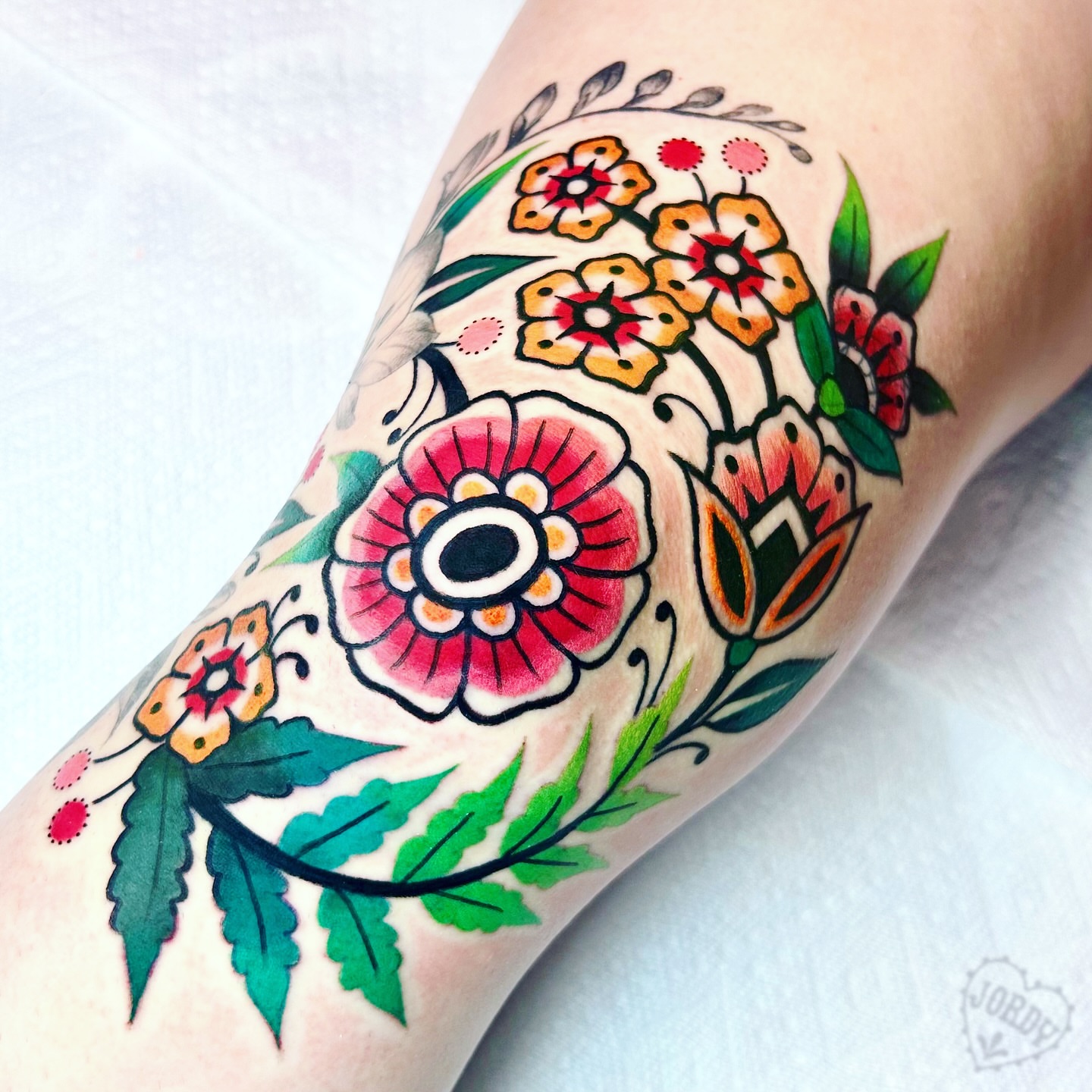 Floral bouquet American traditional tattoo on the forearm by jordy, Philadelphia, Pennsylvania