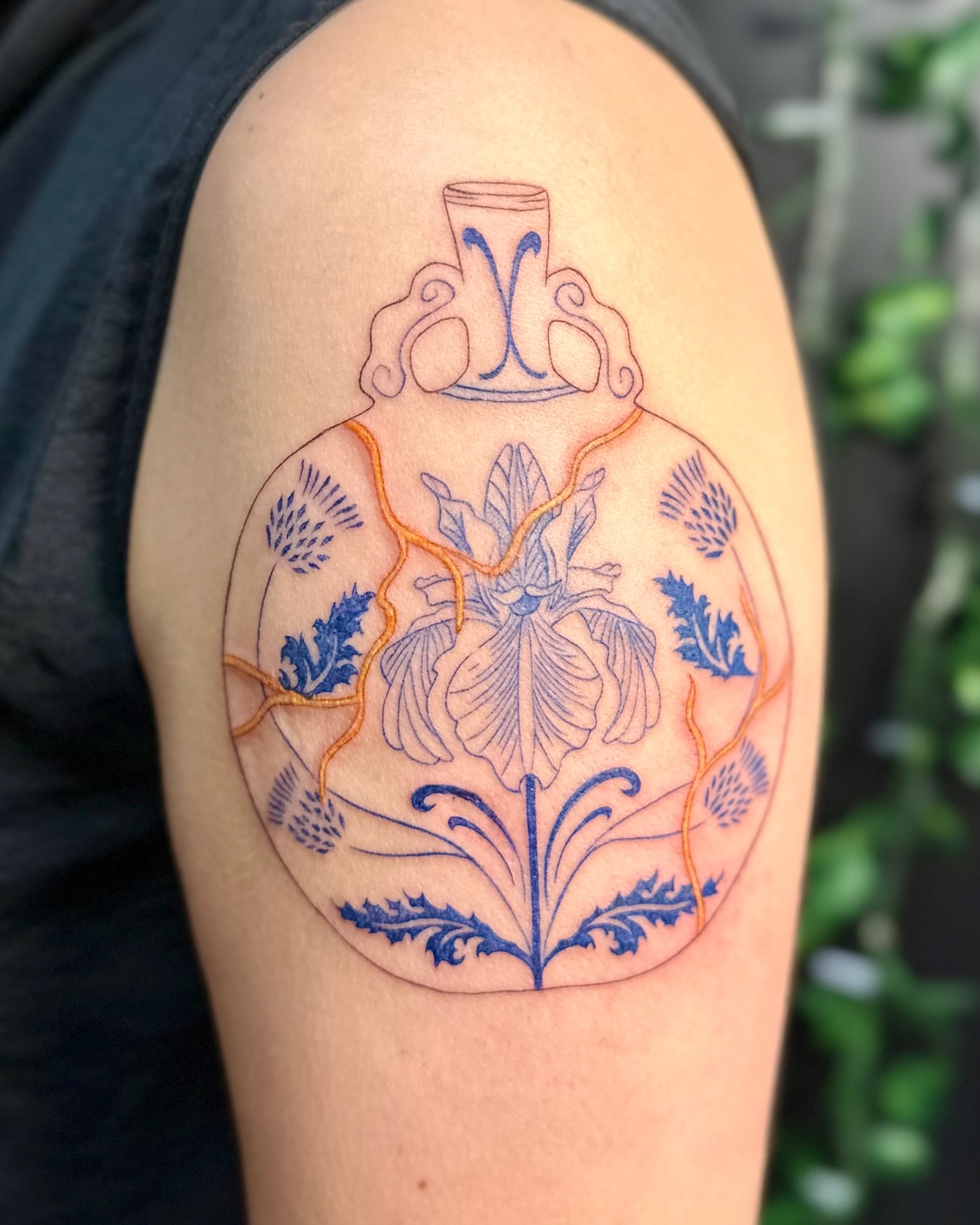 Floral vase ornamental tattoo on the shoulder by 🌼Kristen Kooster Tattoos🌼