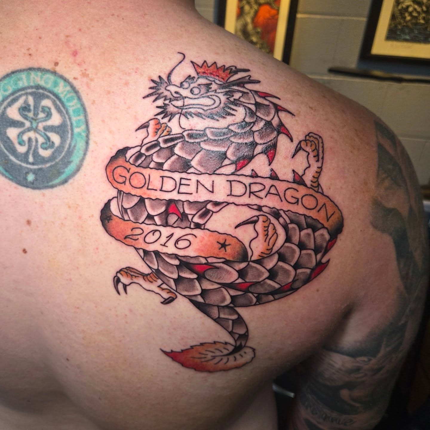 Golden dragon American traditional tattoo on the back by CASEY JENSEN ✨ Fort Collins CO