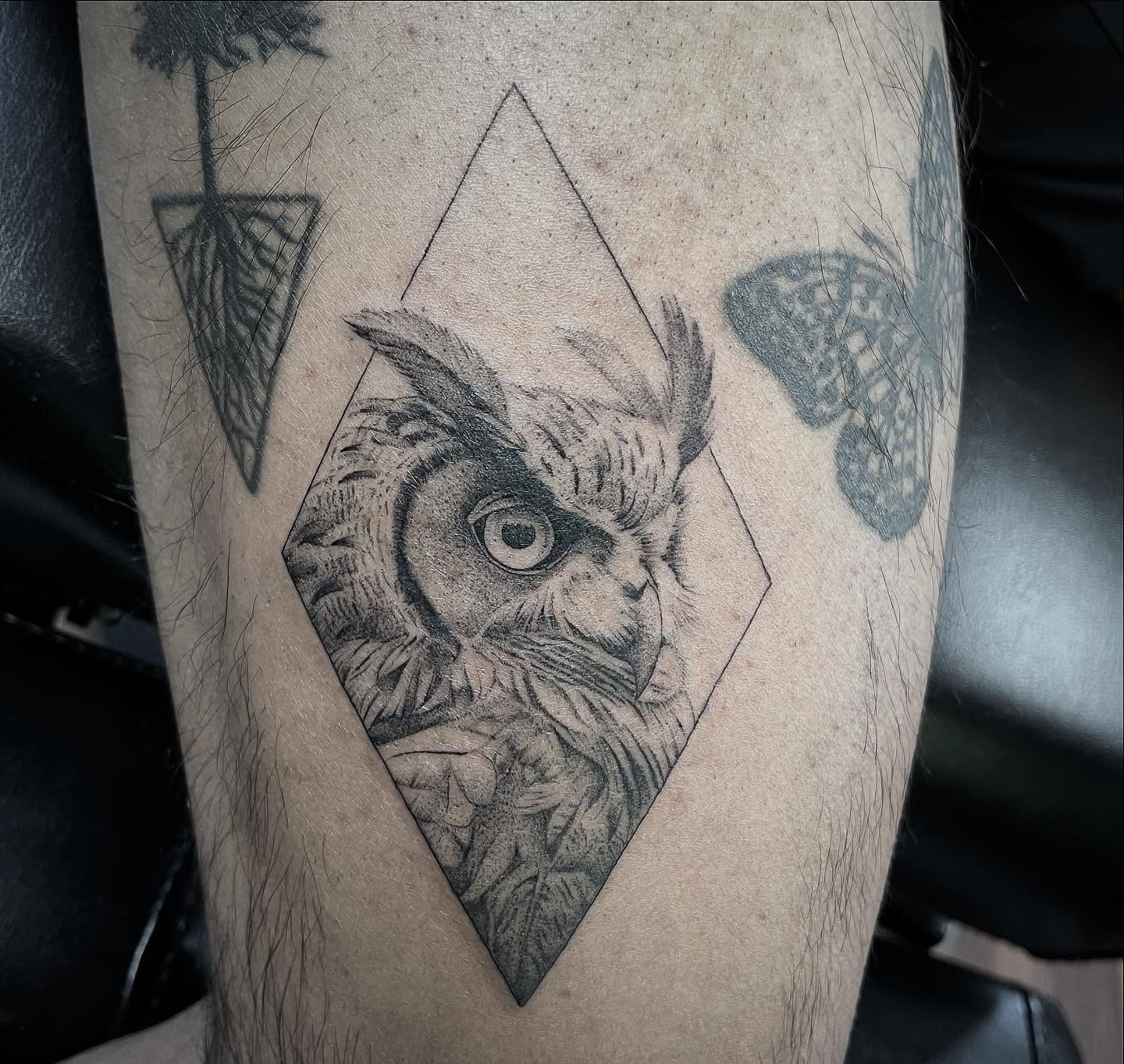 Owl geometric tattoo on the forearm by Kelli Donegan ๐ท