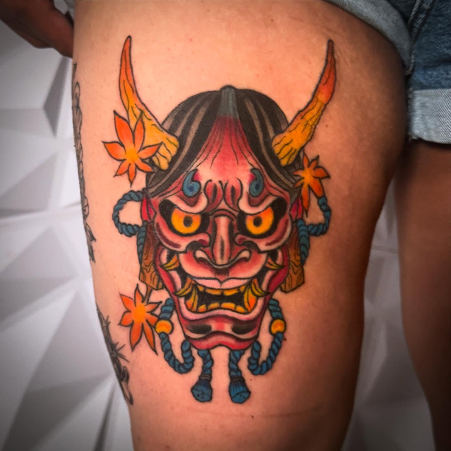 Demon mask japanese irezumi tattoo on the thigh by LeLe