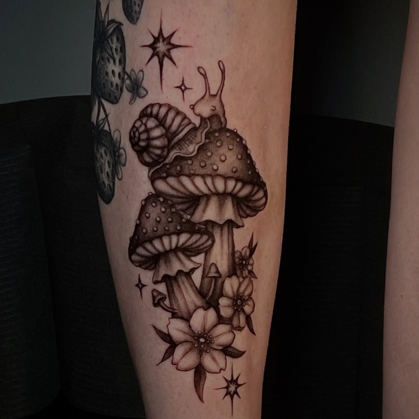 Snail and mushrooms dotwork tattoo on the forearm by ☆ Kelly ☆