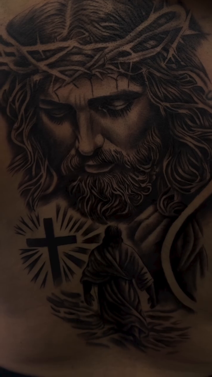 Jesus Christ and Virgin Mary realism tattoo by Thomas