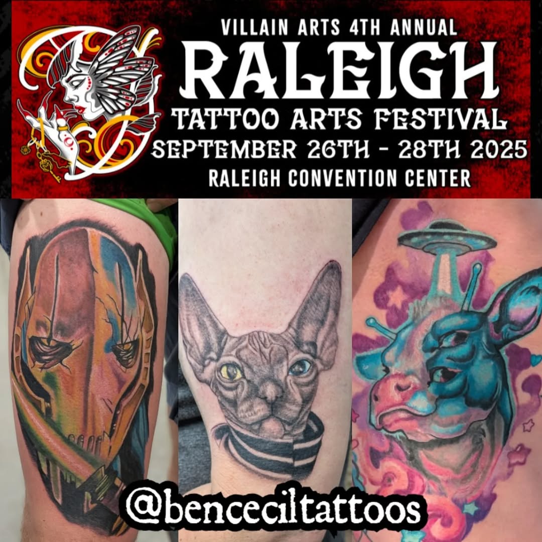 Character mask, cat, surreal giraffe dark art tattoo on the forearm by Ben Cecil, Summerville, South Carolina