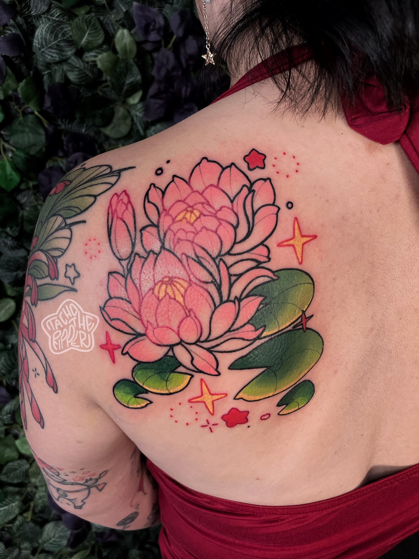 Lotus flowers new school tattoo on the shoulder by tacho ☻ 張玉玲